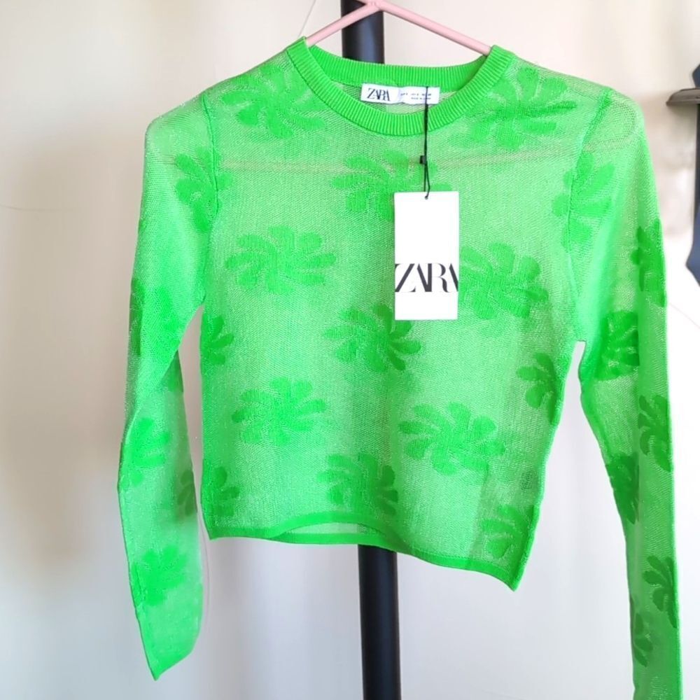 ZARA Mesh Floral Knit Metallic Effect Long Sleeve Neon Green 💚 Top NWT